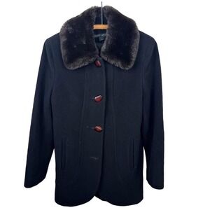 Vintage 1980s Albert Nippon Made in USA Black Wool Coat Faux Fur Collar Womens M